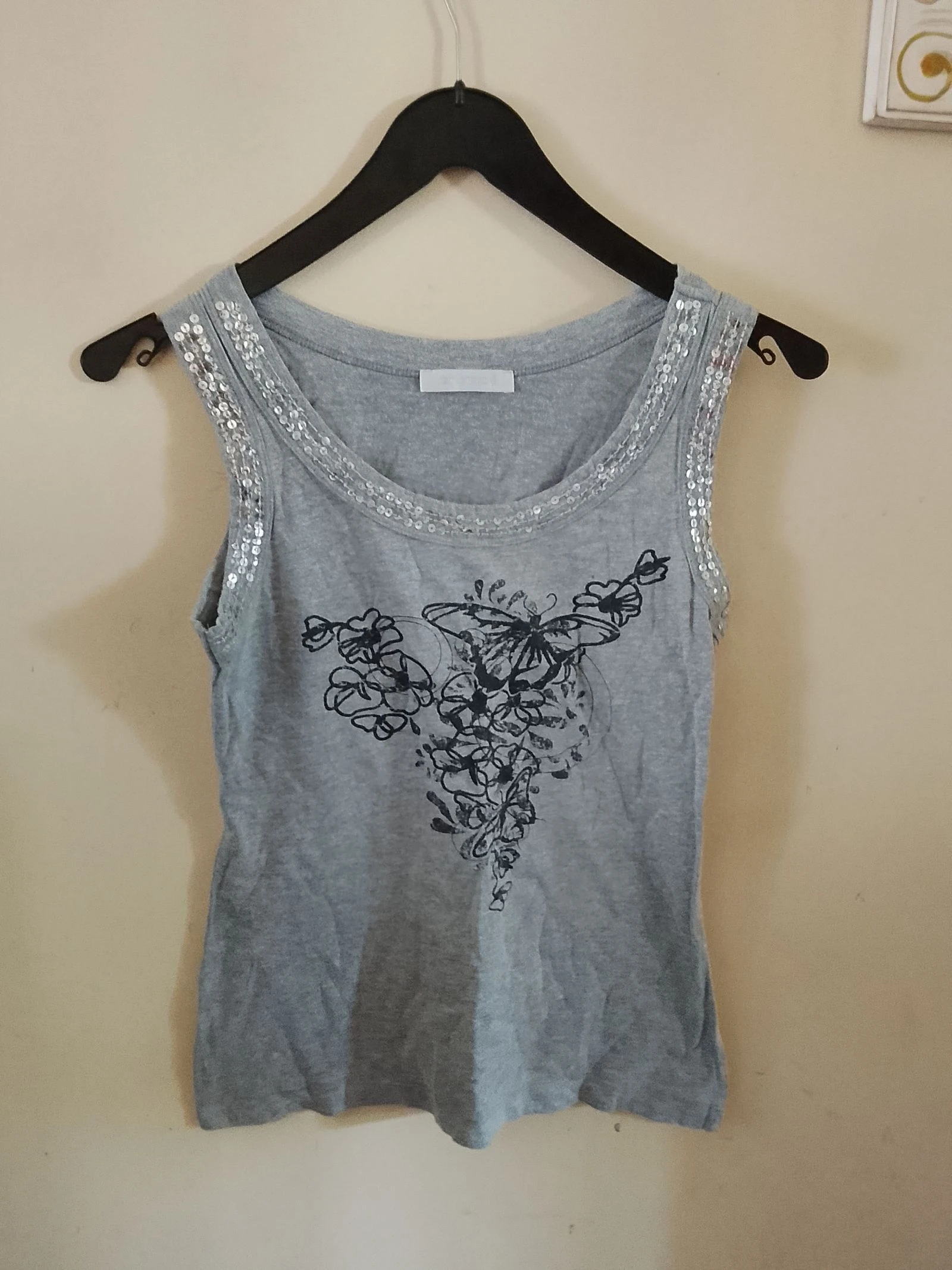 👒PROMOD Taille 38 top débardeur gris et noir paillettes argentées en très bon état 👒